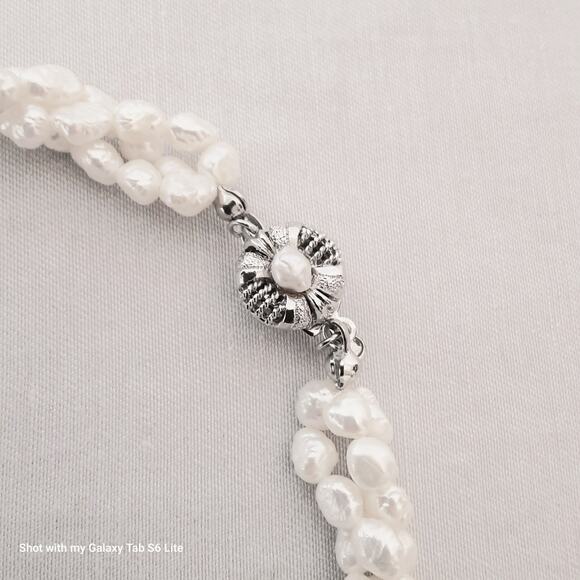 Choker Necklace Twisted Strands Faux Freshwater Pearl Beads Ornate Slide Clasp - Picture 4 of 8